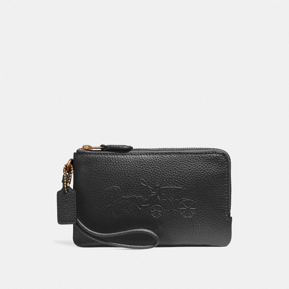 COACH DOUBLE CORNER ZIP WRISTLET WITH EMBOSSED HORSE AND CARRIAGE - IMITATION GOLD/BLACK - F23693