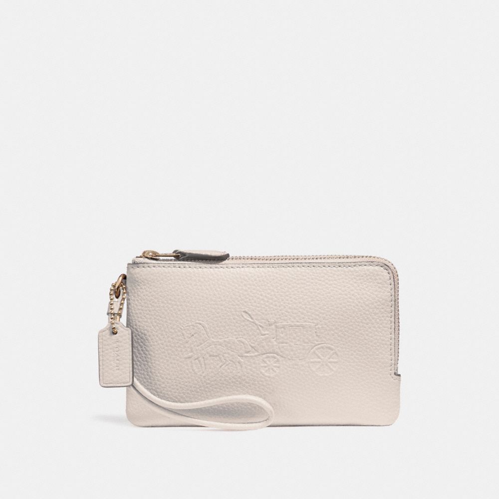 COACH f23693 DOUBLE CORNER ZIP WRISTLET WITH EMBOSSED HORSE AND CARRIAGE IMITATION GOLD/CHALK