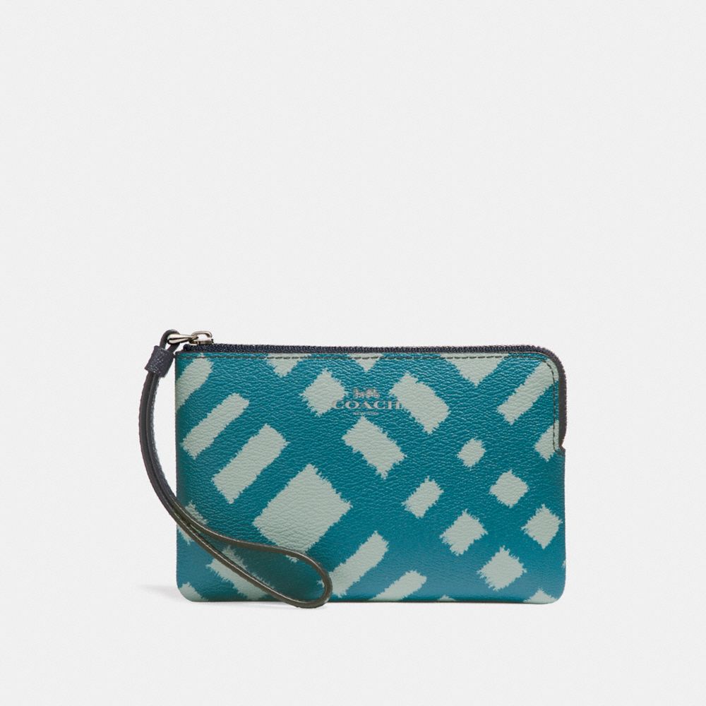 CORNER ZIP WRISTLET WITH WILD PLAID PRINT - SILVER/BLUE MULTI - COACH F23715