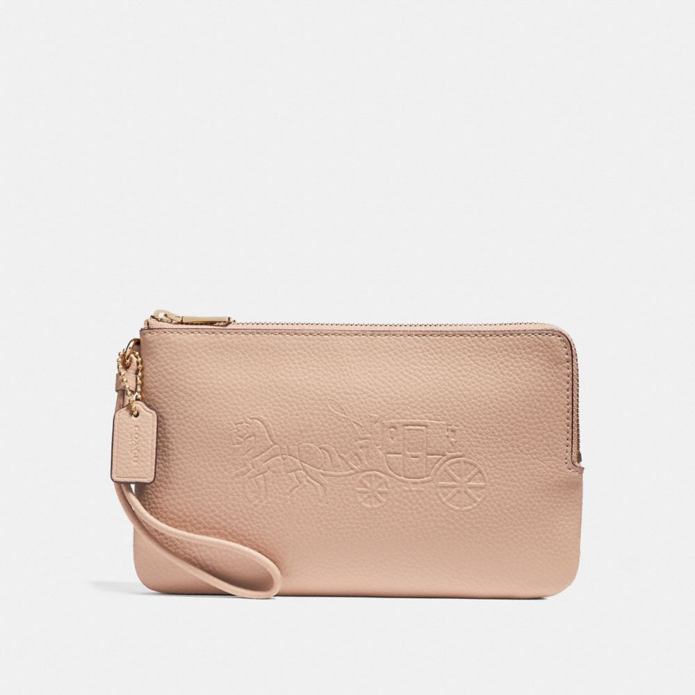 DOUBLE ZIP WALLET WITH EMBOSSED HORSE AND CARRIAGE - f23818 - IMITATION GOLD/NUDE PINK