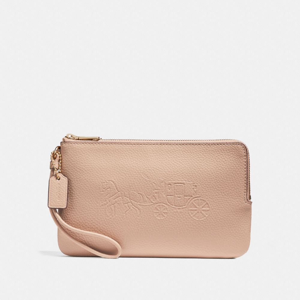 COACH f23818 DOUBLE ZIP WALLET WITH EMBOSSED HORSE AND CARRIAGE IMITATION GOLD/NUDE PINK