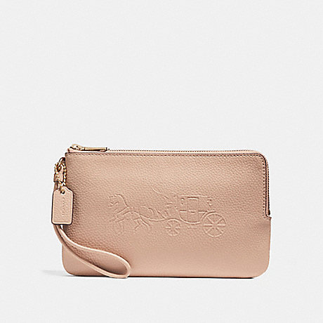 COACH f23818 DOUBLE ZIP WALLET WITH EMBOSSED HORSE AND CARRIAGE IMITATION GOLD/NUDE PINK
