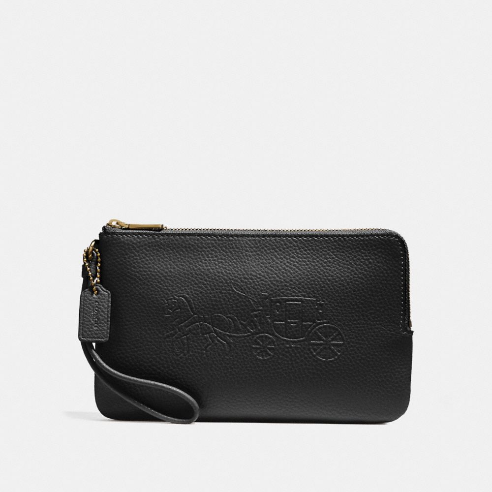 COACH DOUBLE ZIP WALLET WITH EMBOSSED HORSE AND CARRIAGE - IMITATION GOLD/BLACK - F23818