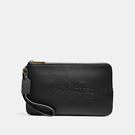 COACH f23818 DOUBLE ZIP WALLET WITH EMBOSSED HORSE AND CARRIAGE IMITATION GOLD/BLACK