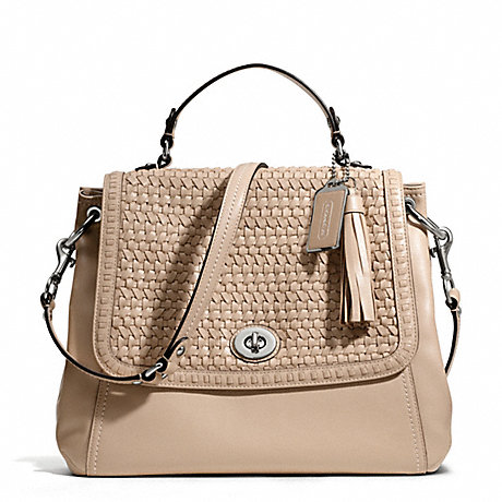 COACH f23912 PARK WOVEN LEATHER FLAP SILVER/PIPER TAN