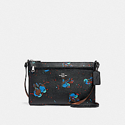 EAST/WEST CROSSBODY WITH POP-UP POUCH WITH BIRD PRINT - COACH f24200 - SILVER/BLACK
