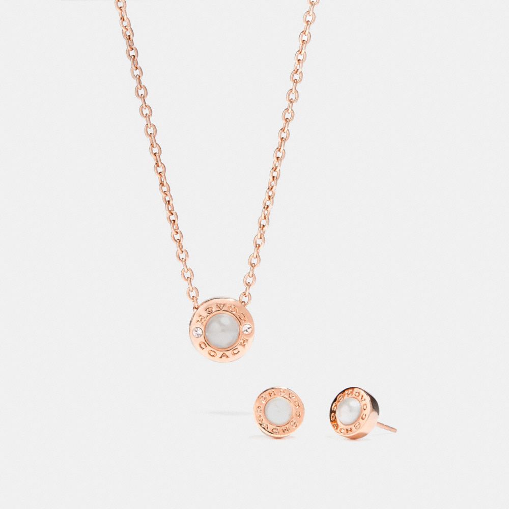 COACH f24254 OPEN CIRCLE PEARL NECKLACE AND EARRING SET ROSEGOLD