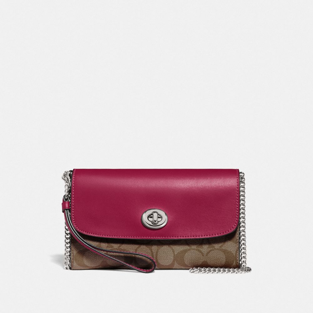 CHAIN CROSSBODY IN SIGNATURE CANVAS - F24280 - SV/KHAKI DARK FUCHSIA