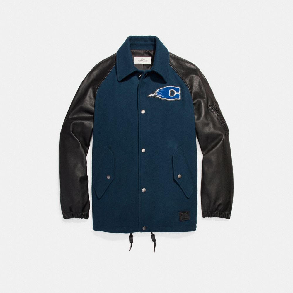 WOOL LEATHER VARSITY PATCHES COACH JACKET - DENIM - COACH F24299