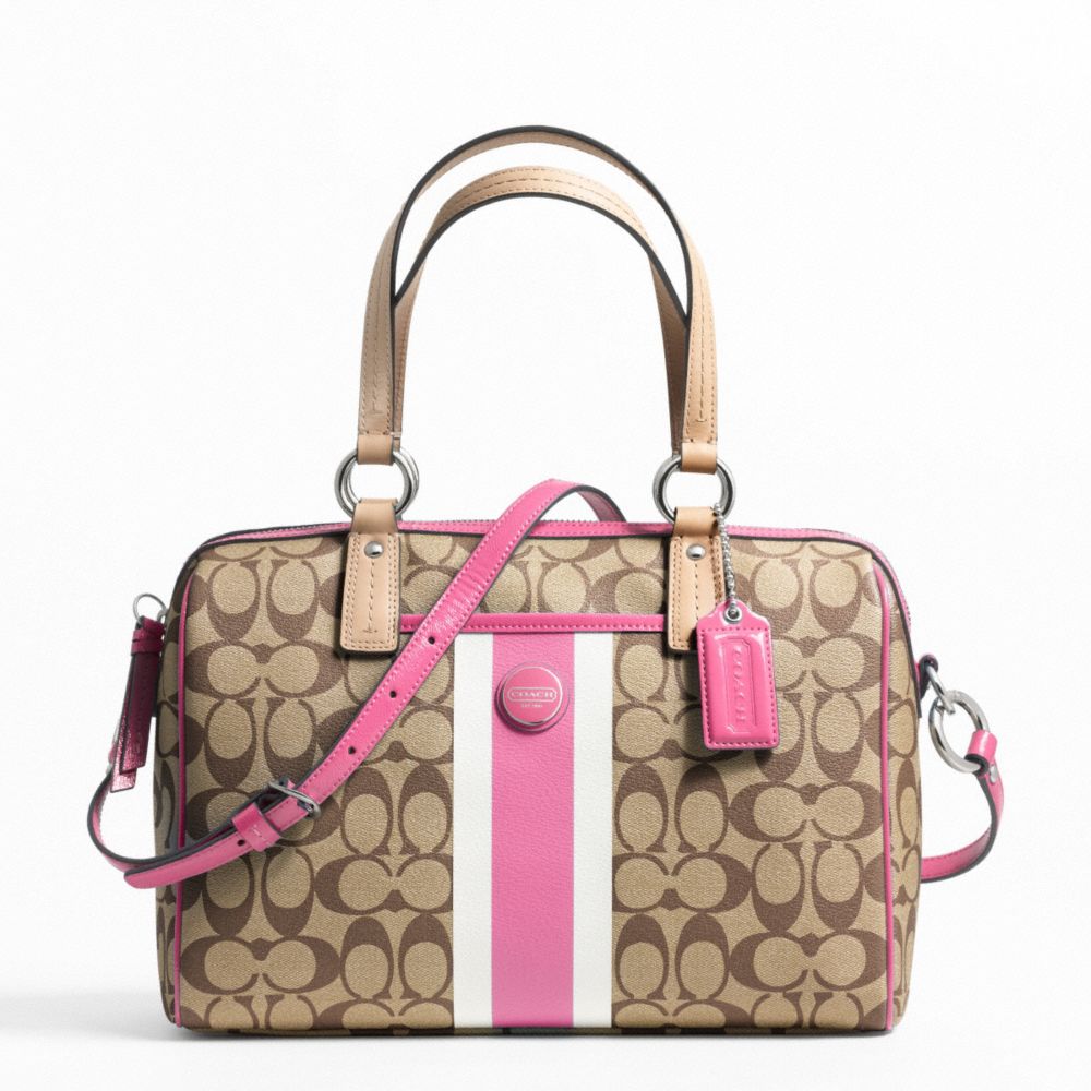 SIGNATURE STRIPE PVC STRIPE SATCHEL - SILVER/KHAKI/MULBERRY - COACH F24362