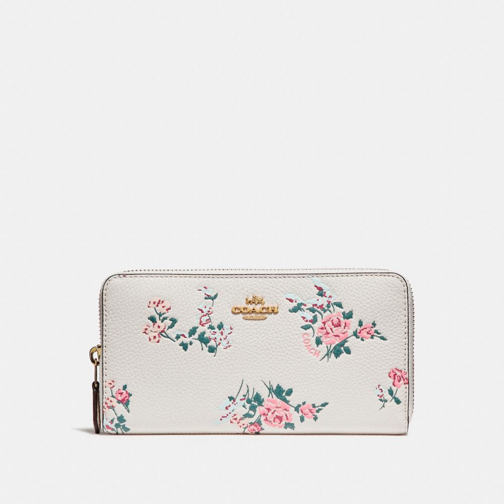 COACH ACCORDION ZIP WALLET WITH CROSS STITCH FLORAL PRINT - LIGHT GOLD/CHALK MULTI - f24412