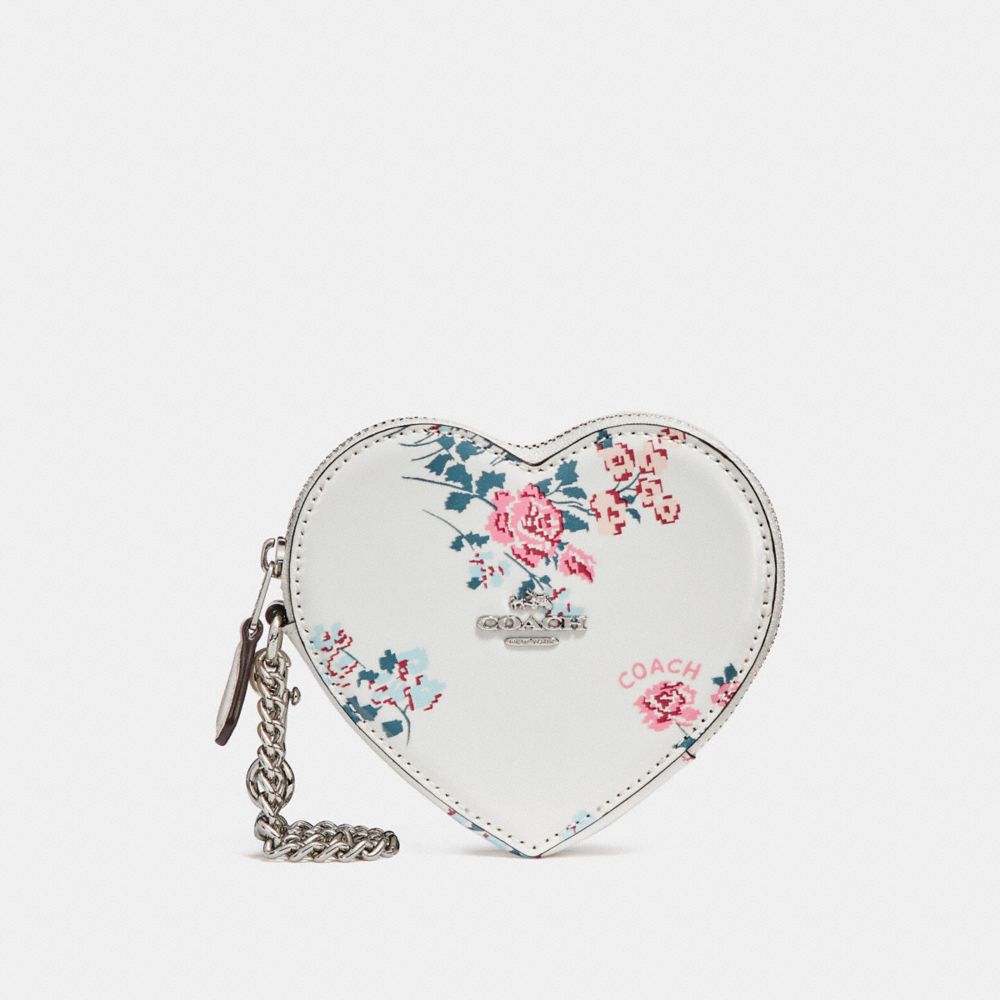 HEART COIN CASE WITH CROSS STITCH FLORAL PRINT - f24430 - SILVER/CHALK MULTI