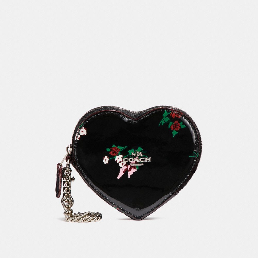 COACH f24430 HEART COIN CASE WITH CROSS STITCH FLORAL PRINT SILVER/BLACK MULTI