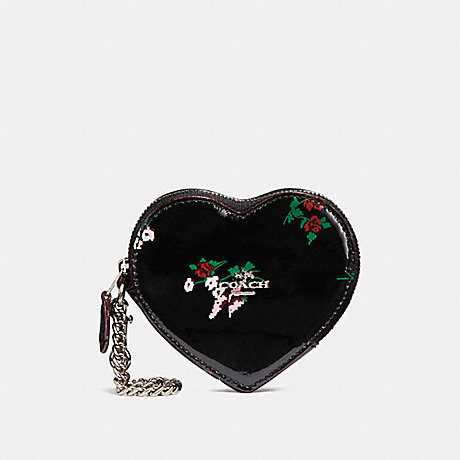 COACH F24430 HEART COIN CASE WITH CROSS STITCH FLORAL PRINT SILVER/BLACK-MULTI