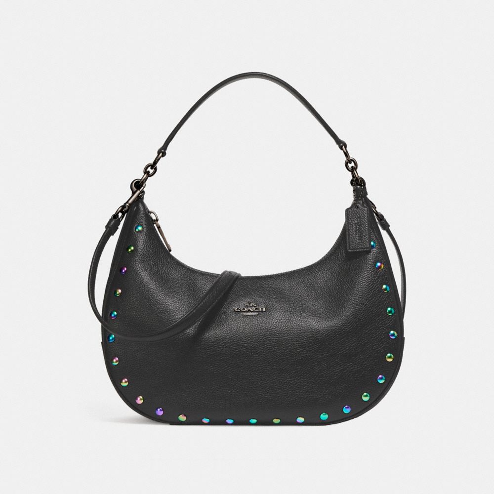 COACH F24468 EAST/WEST HARLEY HOBO WITH HOLOGRAM LACQUER RIVETS ANTIQUE-NICKEL/BLACK