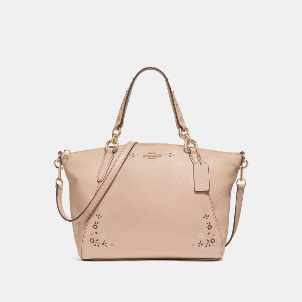 SMALL KELSEY SATCHEL WITH FLORAL TOOLING - f24599 - NUDE PINK/LIGHT GOLD