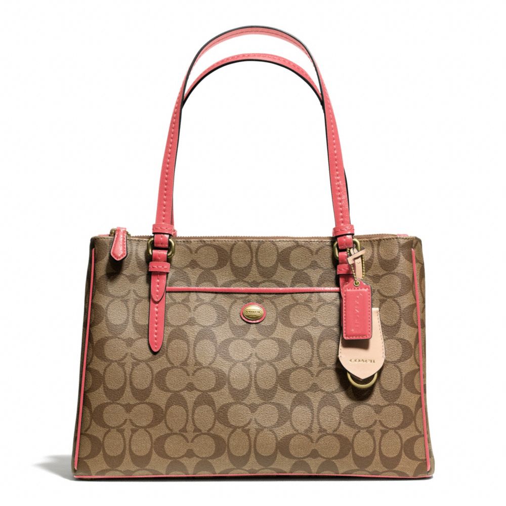 COACH PEYTON SIGNATURE JORDAN DOUBLE ZIP CARRYALL - BRASS/KHAKI/CORAL - f24603