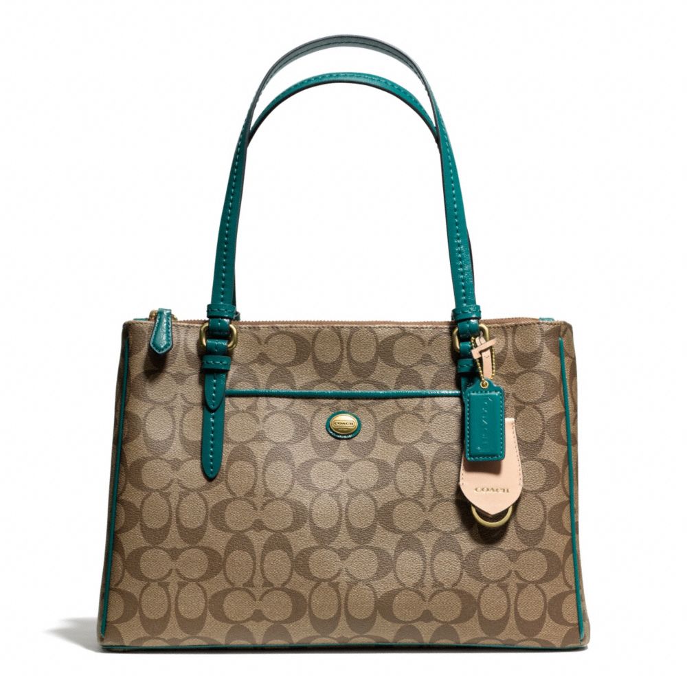 PEYTON SIGNATURE JORDAN DOUBLE ZIP CARRYALL - BRASS/KHAKI/JADE - COACH F24603