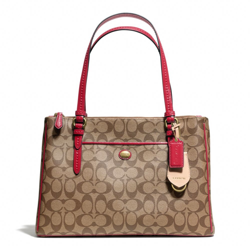 COACH F24603 PEYTON SIGNATURE JORDAN DOUBLE ZIP CARRYALL BRASS/KHAKI/RED