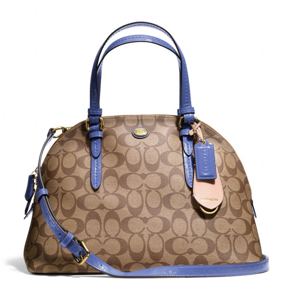 COACH F24606 PEYTON SIGNATURE CORA DOMED SATCHEL BRASS KHAKI PORCELAIN BLUE COACH HANDBAGS