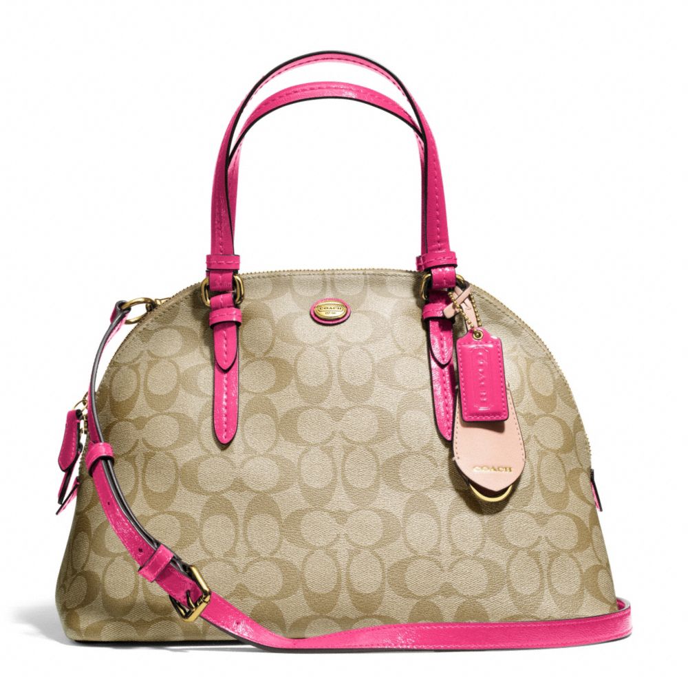 COACH F24606 Peyton Signature Cora Domed Satchel BRASS/LT KHAKI/POMEGRANATE