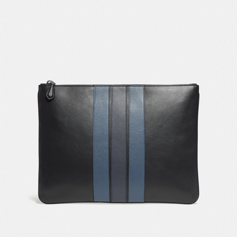 COACH LARGE POUCH WITH VARSITY STRIPE - BLACK/DENIM/MIDNIGHT NVY - F24658