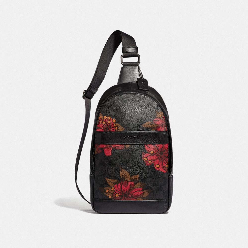 COACH F24726 Charles Pack In Signature With Hawaiian Lily Print RED LOGO MULTI/BLACK ANTIQUE NICKEL