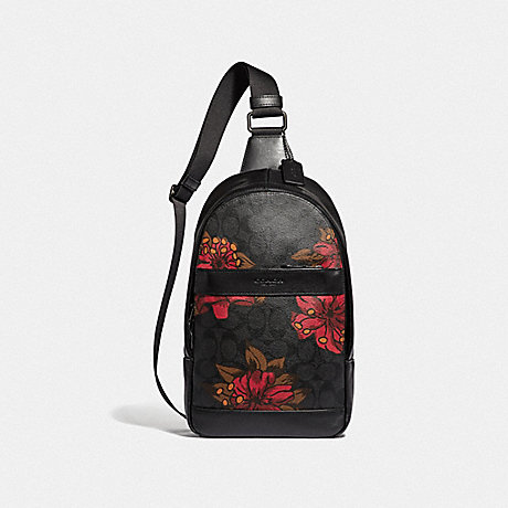 COACH F24726 CHARLES PACK IN SIGNATURE WITH HAWAIIAN LILY PRINT RED LOGO MULTI/BLACK ANTIQUE NICKEL