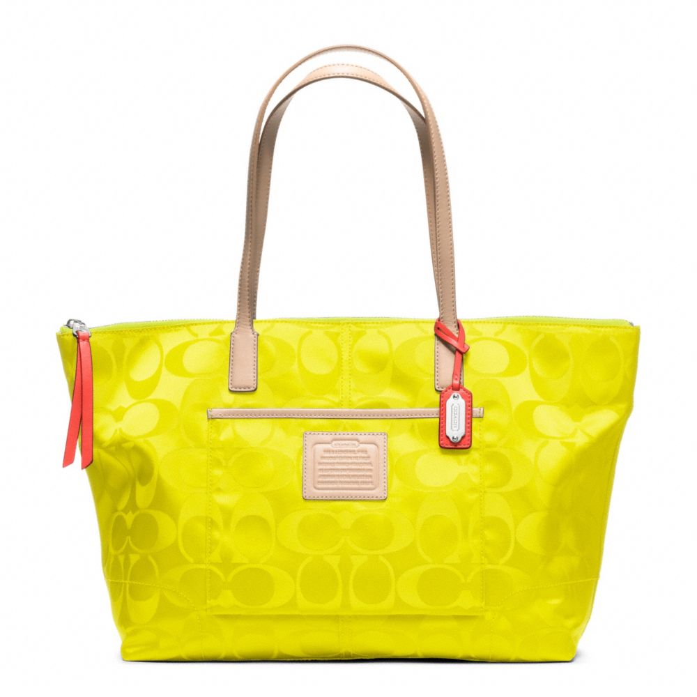 COACH f24862 LEGACY WEEKEND SIGNATURE NYLON EAST/WEST ZIP TOP TOTE SILVER/NEON YELLOW