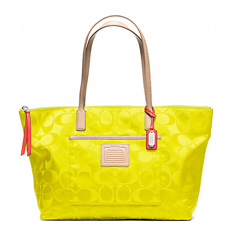 COACH f24862 LEGACY WEEKEND SIGNATURE NYLON EAST/WEST ZIP TOP TOTE SILVER/NEON YELLOW
