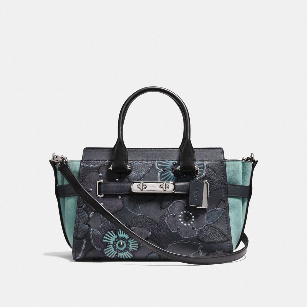 COACH SWAGGER 27 WITH PATCHWORK TEA ROSE AND SNAKESKIN DETAIL - SILVER/NAVY MULTI - COACH F24969
