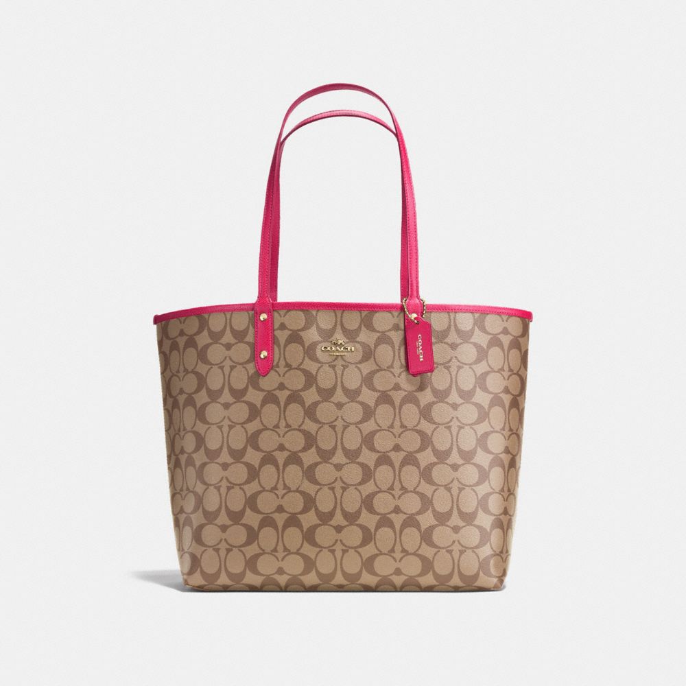 REVERSIBLE CITY TOTE IN SIGNATURE CANVAS - f25033 - Khaki/Bright Pink/Light Gold