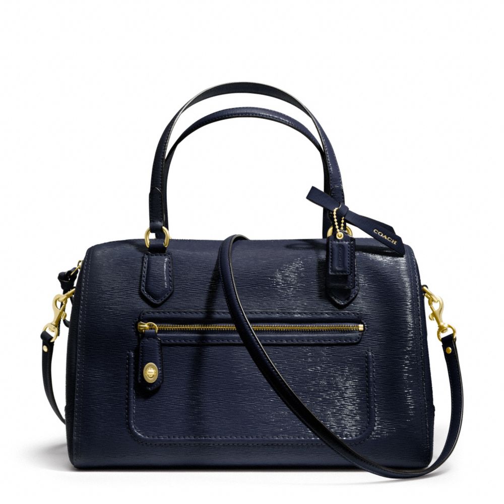 COACH F25062 Poppy Textured Patent Leather East/west Satchel BRASS/NAVY