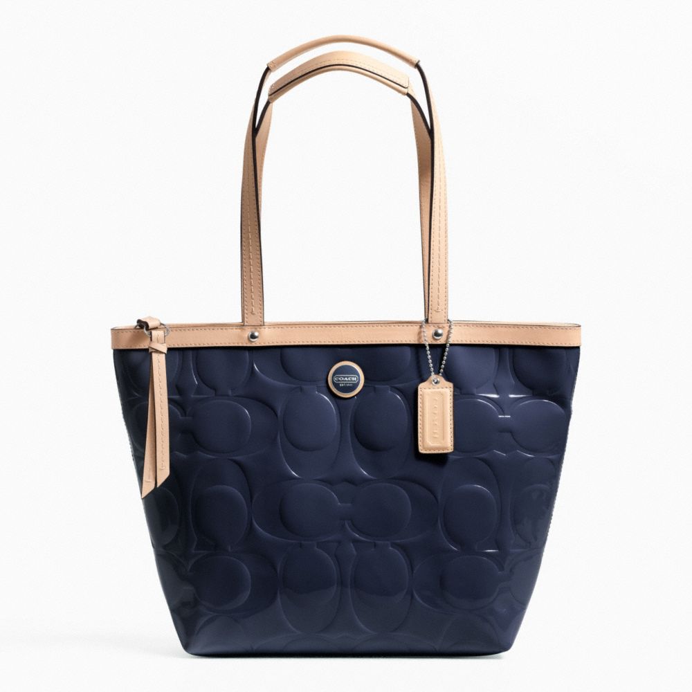 SIGNATURE STRIPE EMBOSSED PATENT TOTE - SILVER/NAVY/TAN - COACH F25187
