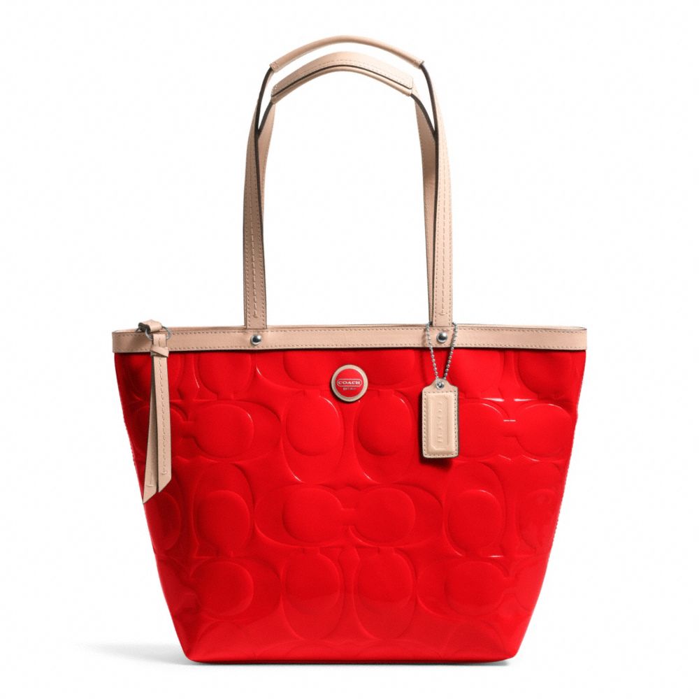 COACH f25187 SIGNATURE STRIPE EMBOSSED PATENT TOTE SILVER/VERMILLION/TAN