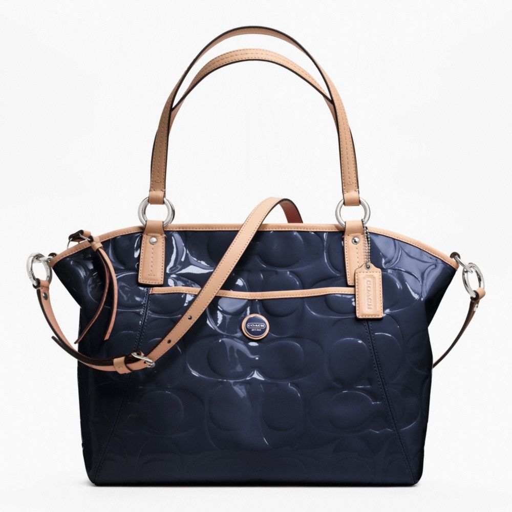 SIGNATURE STRIPE EMBOSSED PATENT POCKET TOTE - f25188 - SILVER/NAVY/TAN