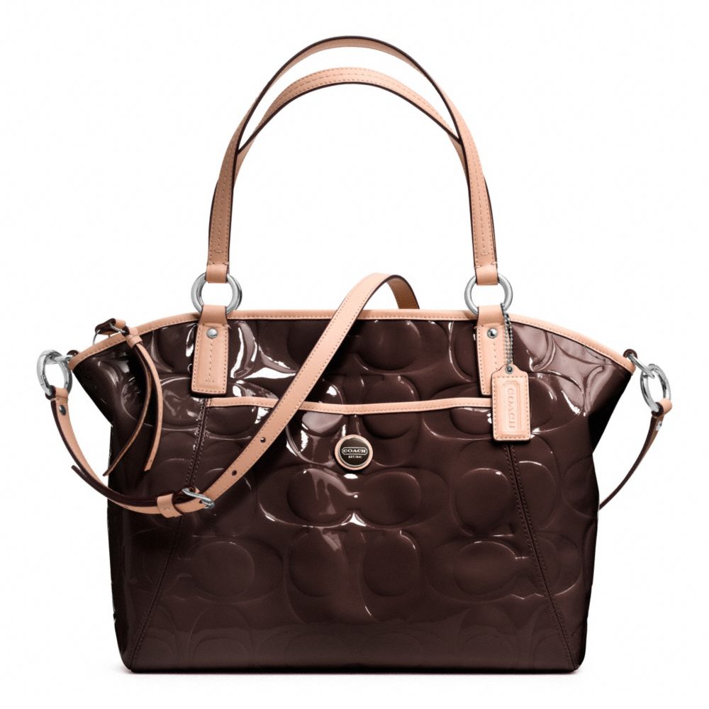 COACH SIGNATURE STRIPE EMBOSSED PATENT POCKET TOTE - SILVER/BROWN/TAN - F25188