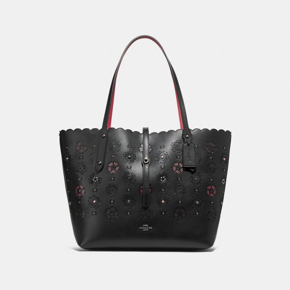 MARKET TOTE WITH CUT OUT TEA ROSE - BLACK MULTI/DARK GUNMETAL - COACH F25195