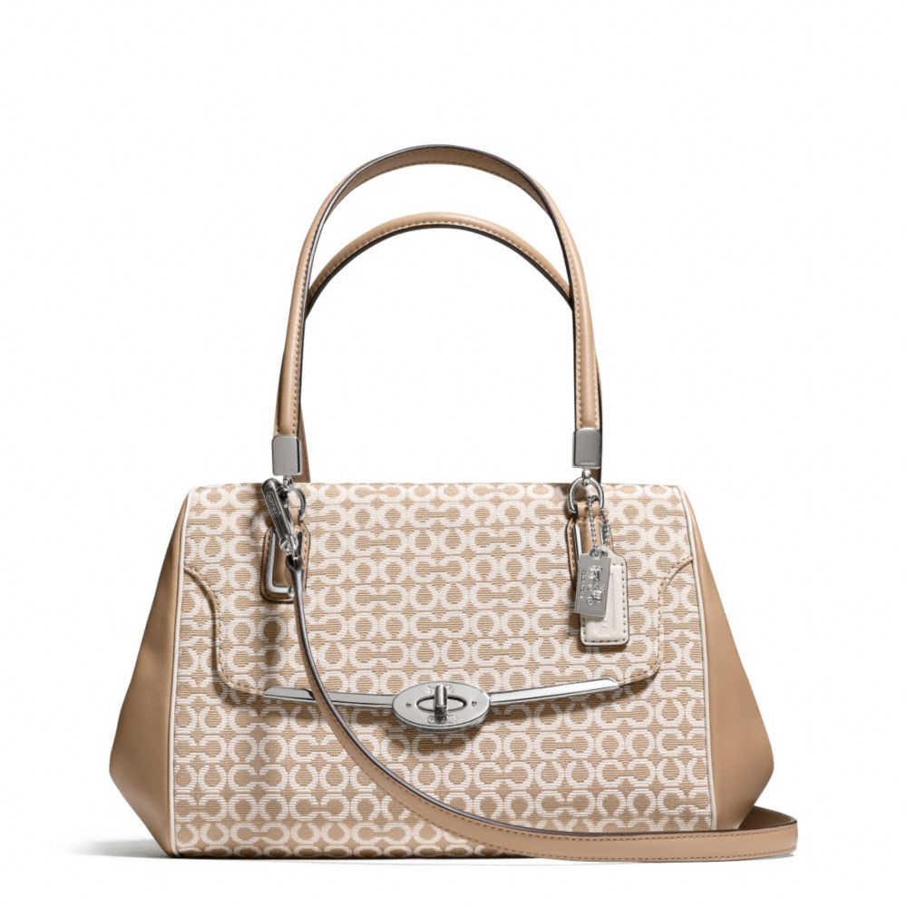 COACH F25215 Madison Needlepoint Op Art Small Madeline East/west Satchel SILVER/WARM KHAKI