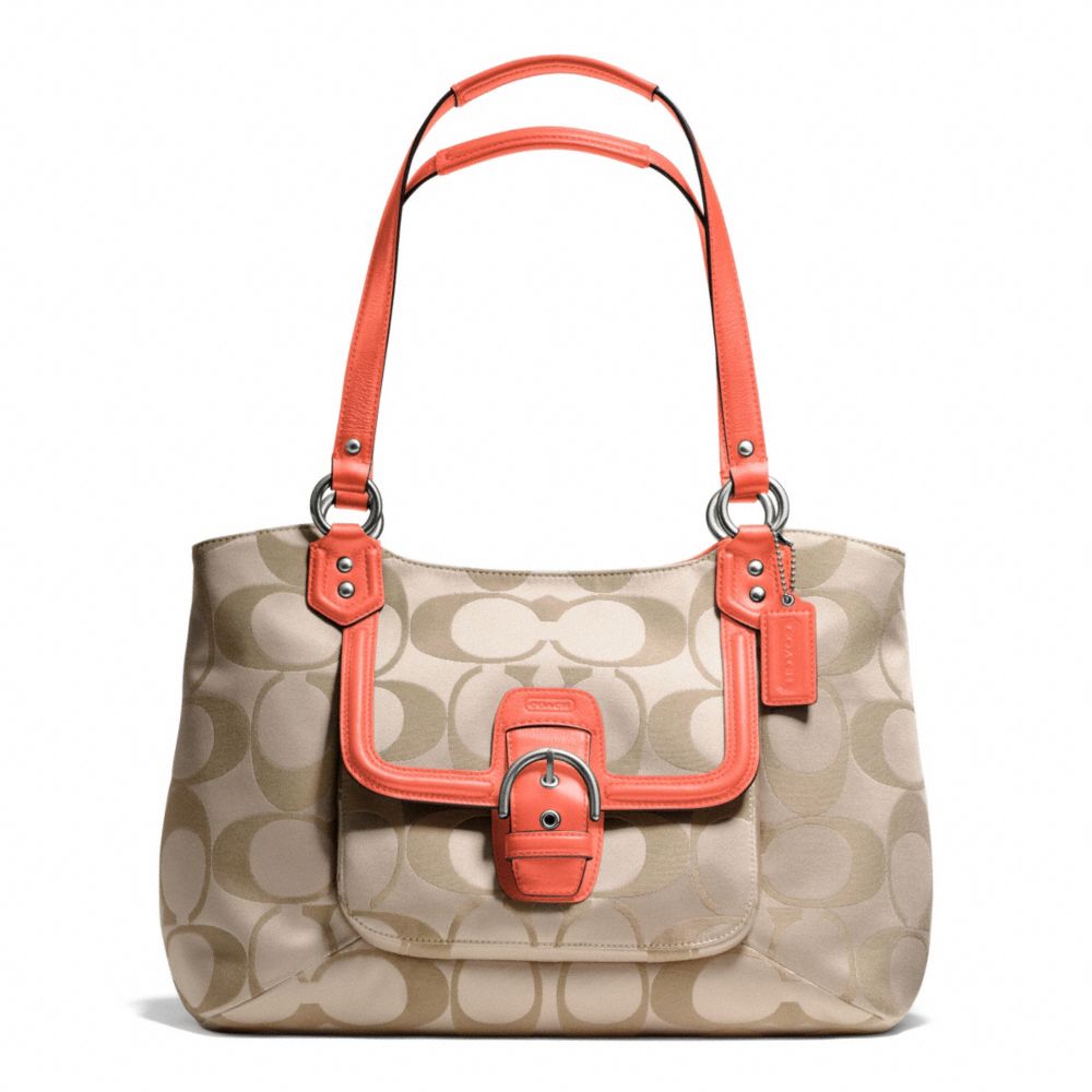COACH F25294 Campbell Signature Belle Carryall SILVER/LIGHT KHAKI/CORAL