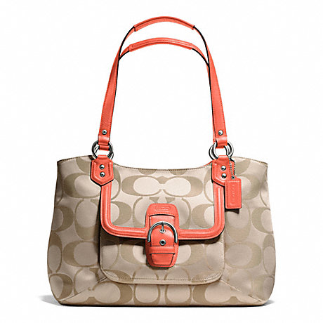 COACH f25294 CAMPBELL SIGNATURE BELLE CARRYALL SILVER/LIGHT KHAKI/CORAL