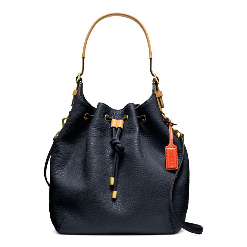 COACH F25306 Soft Pebbled Leather Drawstring Shoulder Bag BRASS/MIDNIGHT