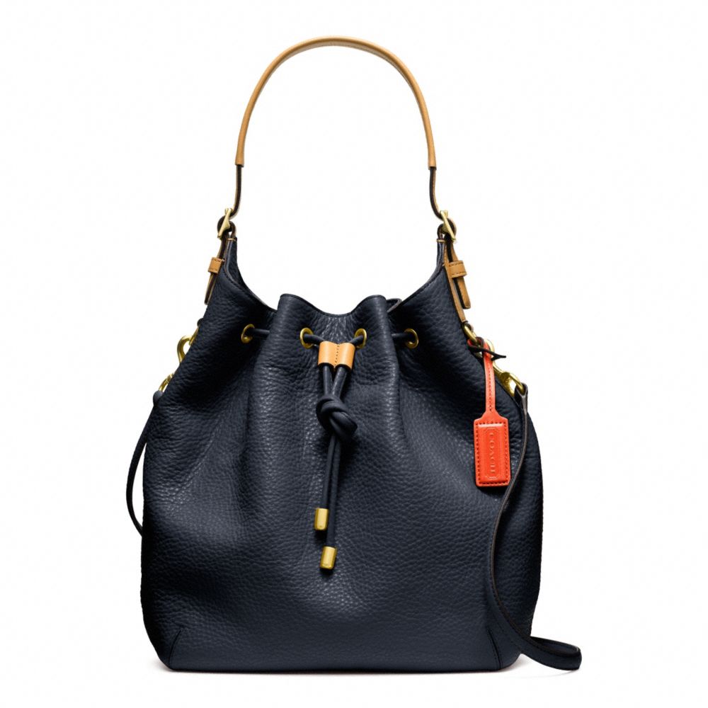 SOFT PEBBLED LEATHER DRAWSTRING SHOULDER BAG - f25306 - BRASS/MIDNIGHT