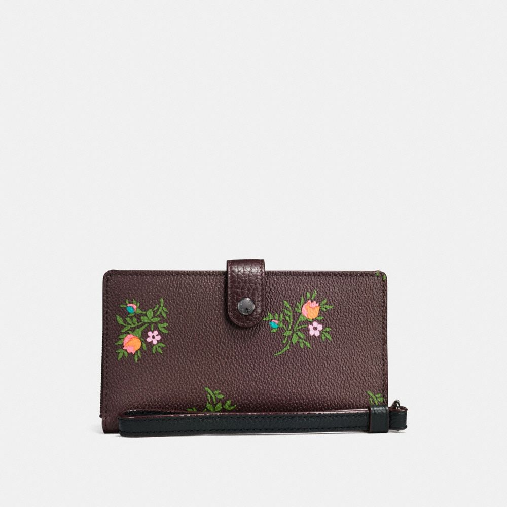 COACH F25679 PHONE WRISTLET WITH CROSS STITCH FLORAL PRINT DARK-GUNMETAL/OXBLOOD-CROSS-STITCH-FLORAL