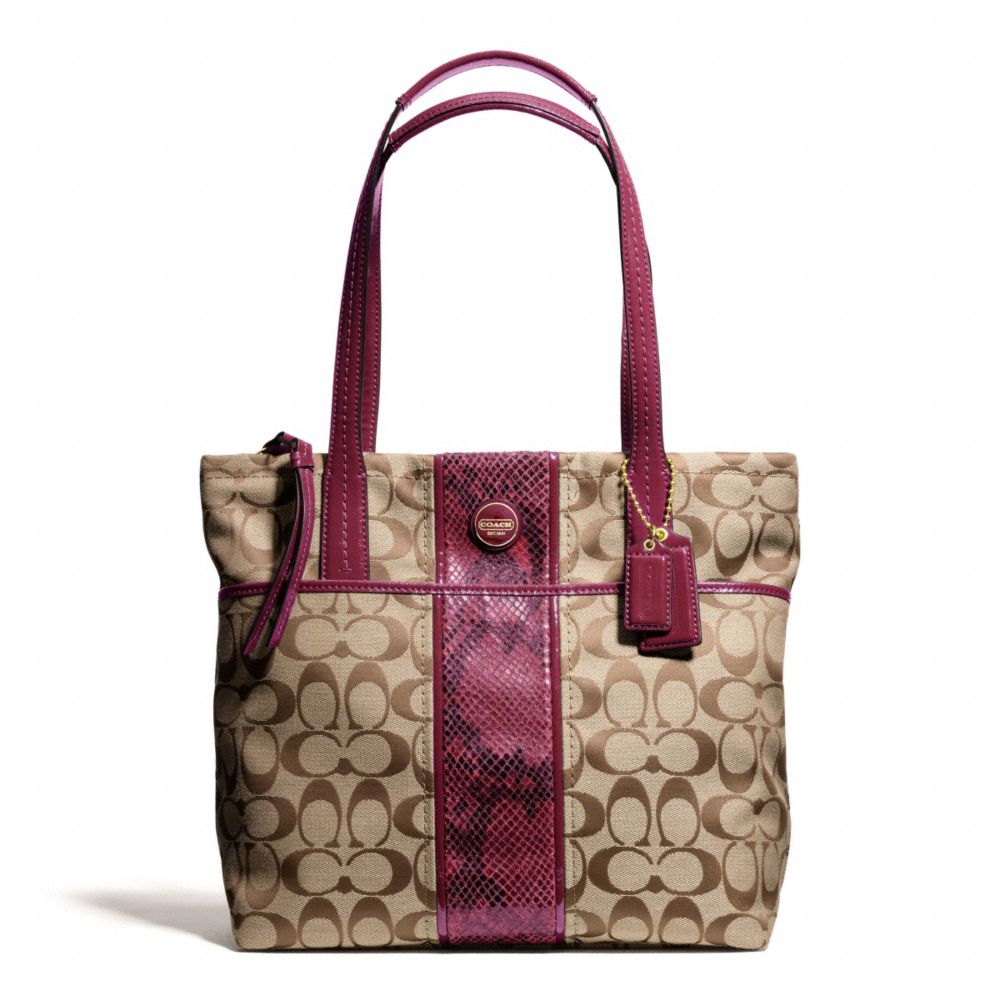 SIGNATURE STRIPE PYTHON STRIPE TOTE - f25706 - BRASS/KHAKI/RASPBERRY