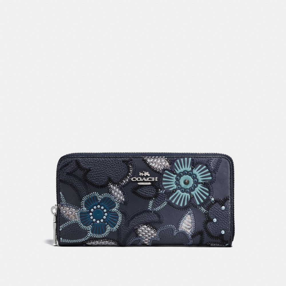 COACH F25707 Accordion Zip Wallet With Patchwork Tea Rose And Snakeskin Detail NAVY MULTI/SILVER