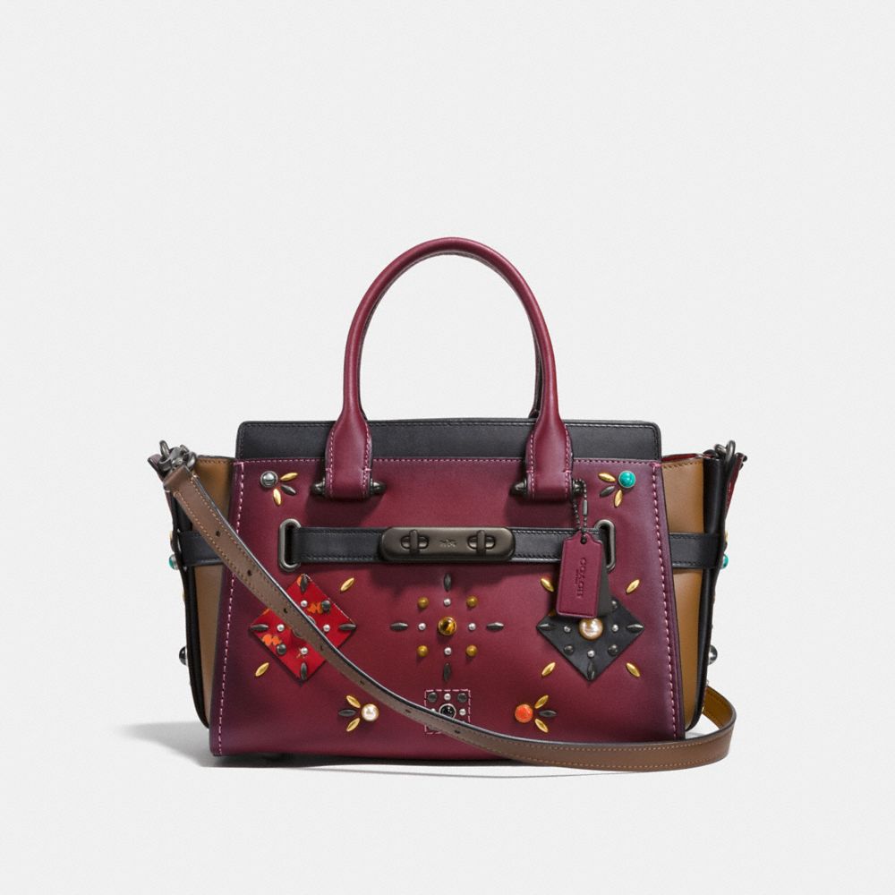 COACH SWAGGER 27 WITH COLORBLOCK PATCHWORK PRAIRIE RIVETS - WINE/BLACK COPPER - COACH F25744