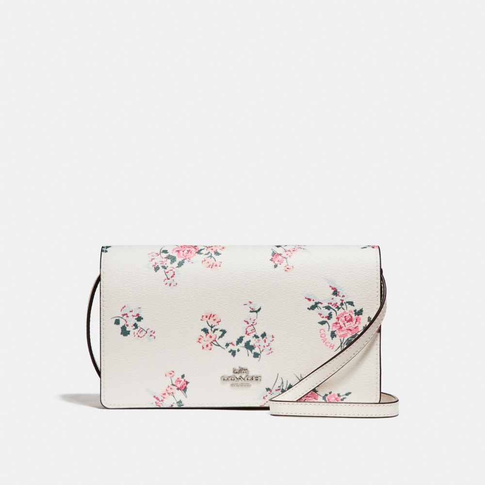 COACH F25797 Foldover Crossbody Clutch With Cross Stitch Floral Print SILVER/CHALK MULTI