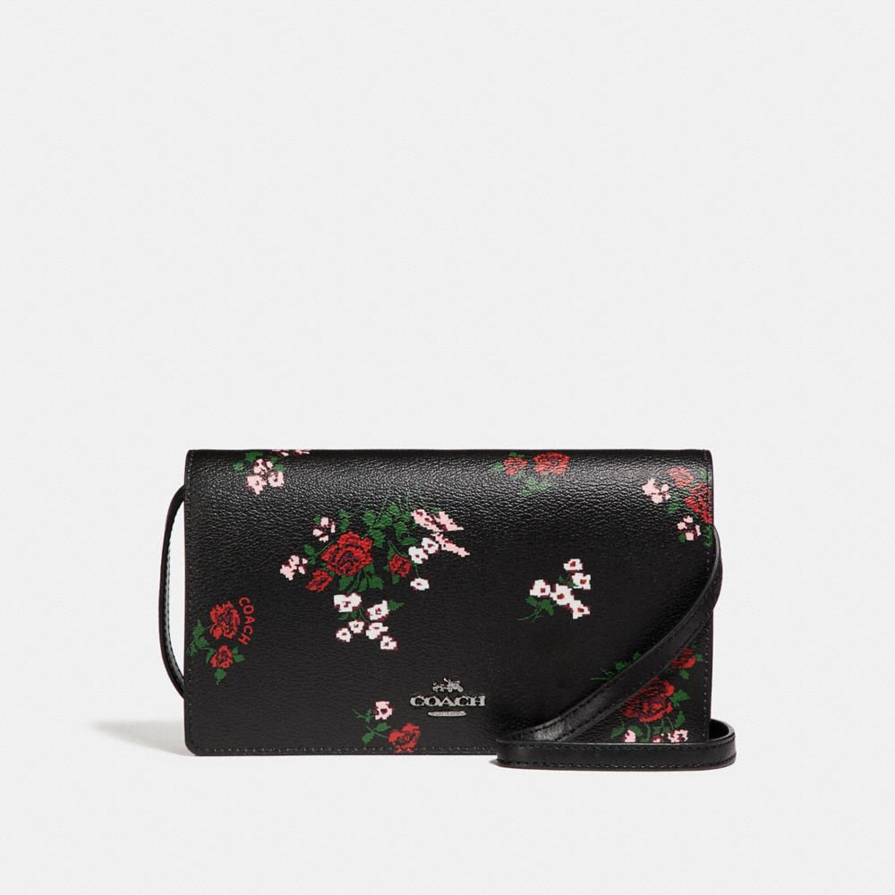 FOLDOVER CROSSBODY CLUTCH WITH CROSS STITCH FLORAL PRINT - SILVER/BLACK MULTI - COACH F25797