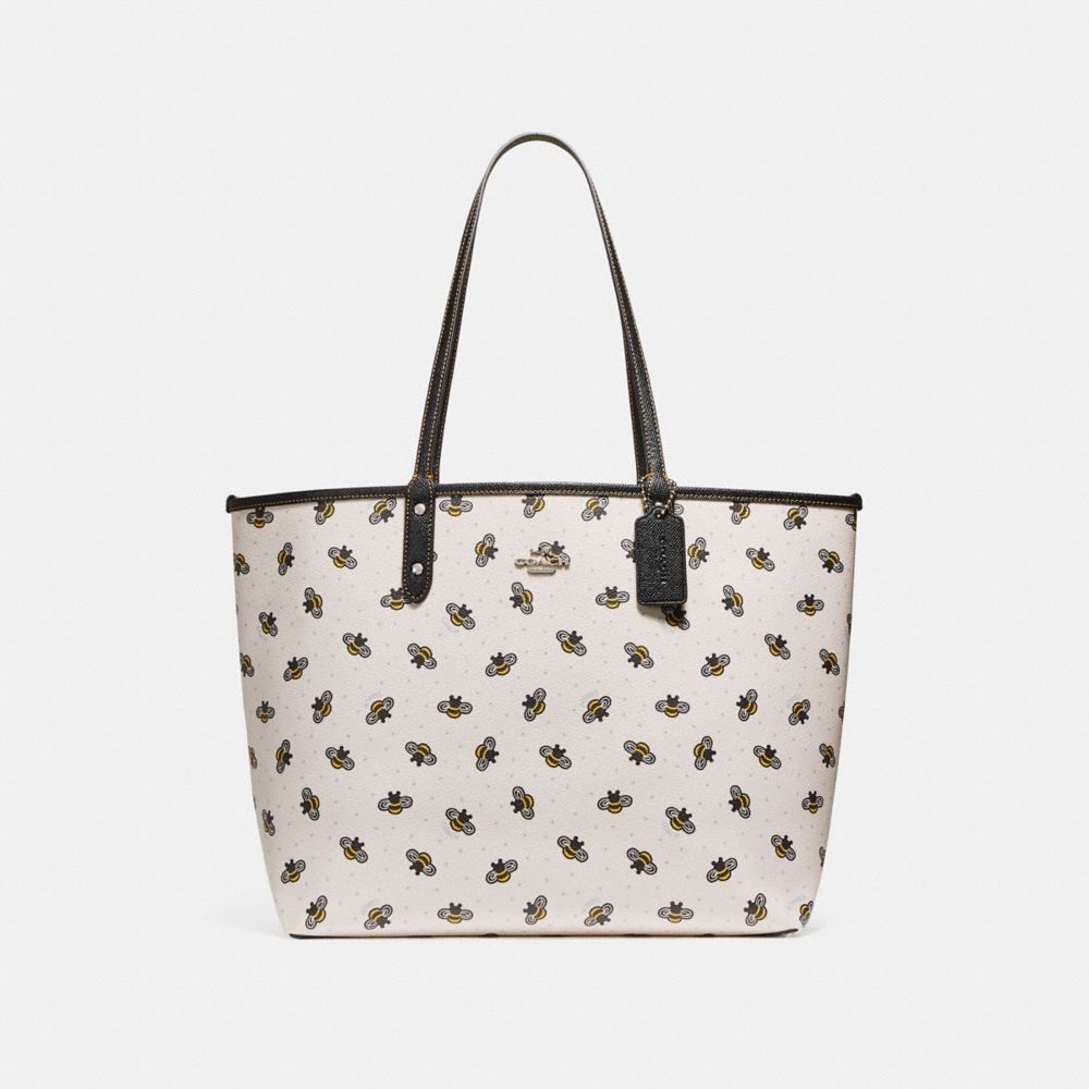 COACH f25820 REVERSIBLE CITY TOTE WITH BEE PRINT CHALK/BLACK/SILVER